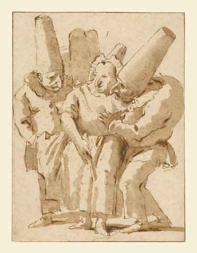 Punchinellos die een vrouw benaderen door Giovanni Battista Tiepolo
