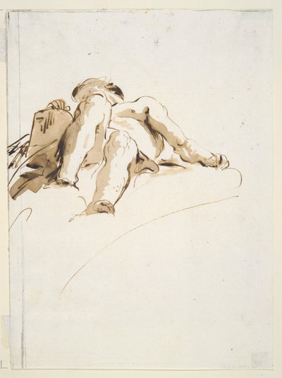 Liggende mannelijke naakt met rechterhand rustend op een stenen tablet, van onderaf gezien door Giovanni Battista Tiepolo