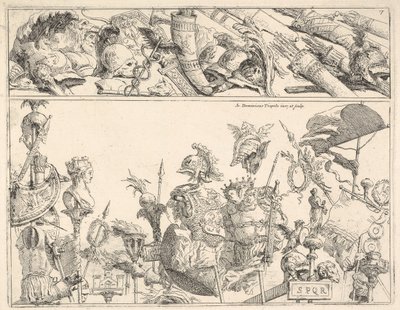 Romeinse Wapens, Standaarden en Trofeeën, een compositie verdeeld in twee horizontale banden door Giovanni Battista Tiepolo