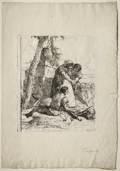 Scherzi di Fantasia: Tovenaar Wijst een Brandend Hoofd aan Twee Jongeren, 1750s door Giovanni Battista Tiepolo