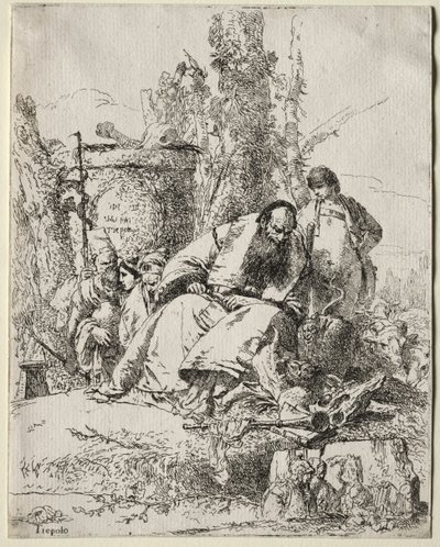 Scherzi: zittende Tovenaar, jongen en vier figuren, 1735-40 door Giovanni Battista Tiepolo