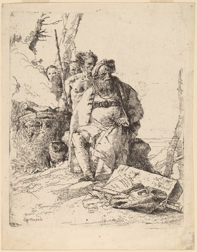 Zittende magiër met andere figuren naast een altaar door Giovanni Battista Tiepolo