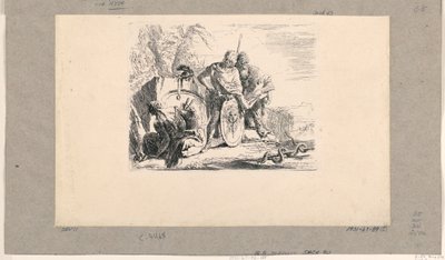 Zittende vrouw, jonge soldaat en magiër, uit de Vari Capricci door Giovanni Battista Tiepolo