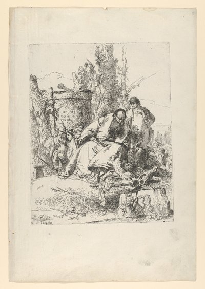 Zittende magiër, jongen en vier figuren uit de Scherzi di Fantasia door Giovanni Battista Tiepolo
