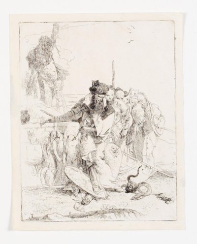 Zes personen die een slang bekijken. Blad uit de serie Scherzi di fantasia. (Rizzi 15; De Vesme 24) door Giovanni Battista Tiepolo