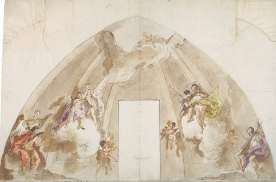 Zingende en musicerende engelen: Voorbereidende tekening voor het plafond van de kathedraal van Udine door Giovanni Battista Tiepolo