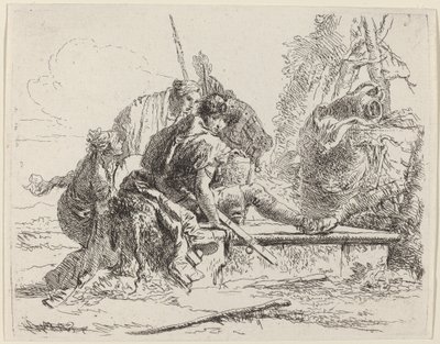 Soldaat zittend op een graf met omringende figuren door Giovanni Battista Tiepolo