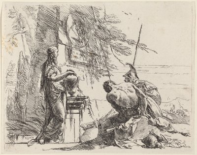 Staande vrouw en zittende mannen voor een obelisk door Giovanni Battista Tiepolo