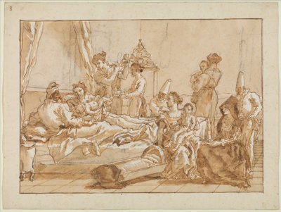De baby Punchinello in bed met zijn ouders, ca. 1800 door Giovanni Battista Tiepolo