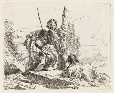 Drie soldaten en een jongen, uit Vari capricci (Verschillende Capriccios) door Giovanni Battista Tiepolo