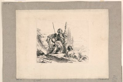 Drie soldaten en een jongen, uit de Vari Capricci door Giovanni Battista Tiepolo