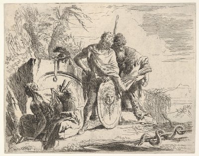 Drie figuren en een slang om een staf gewikkeld, omgeven door een landschap, de ce..., 18e eeuw door Giovanni Battista Tiepolo