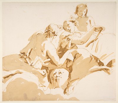 Zwei sitzende Frauen und ein Junge auf Wolken door Giovanni Battista Tiepolo