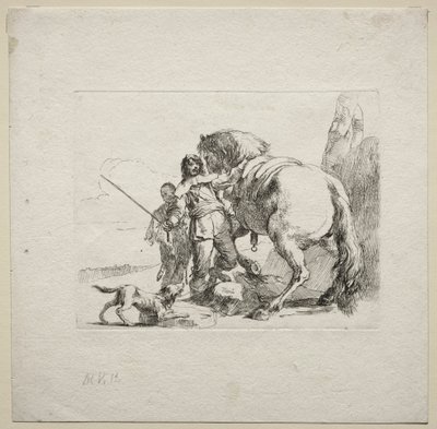 Verschillende Caprices: De Ridder die zijn Paard Beklimt door Giovanni Battista Tiepolo