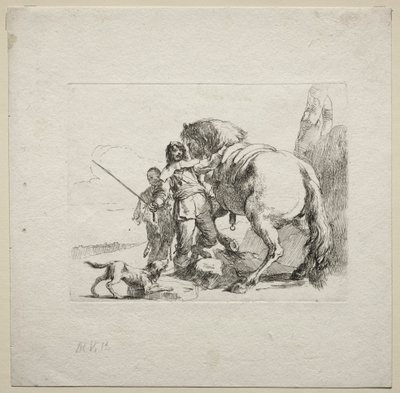 Verschillende caprices: De ridder die zijn paard bestijgt, 1785 door Giovanni Battista Tiepolo