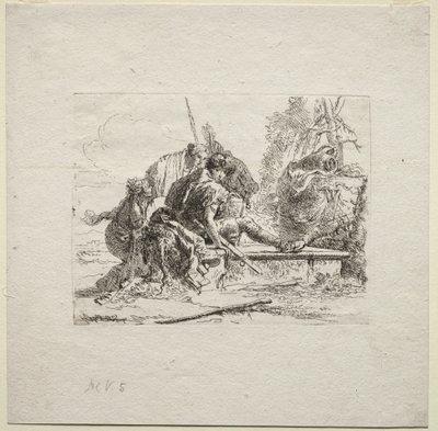 Verschillende Caprices: De twee soldaten en de twee vrouwen door Giovanni Battista Tiepolo