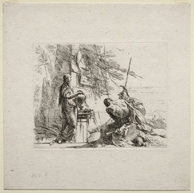 Verschillende Caprices: De vrouw staand met handen op een vaas door Giovanni Battista Tiepolo