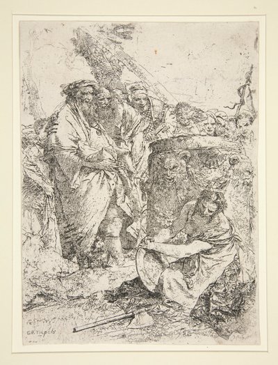 Vrouw knielend en een schaal vasthoudend, uit de serie Scherzi door Giovanni Battista Tiepolo