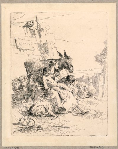 Vrouw met twee kinderen en een ezel, plaat 21 uit de Scherzi di Fantasia door Giovanni Battista Tiepolo