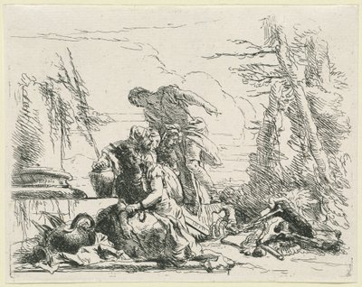 Vrouwen en mannen die een brandende brandstapel van botten bekijken door Giovanni Battista Tiepolo