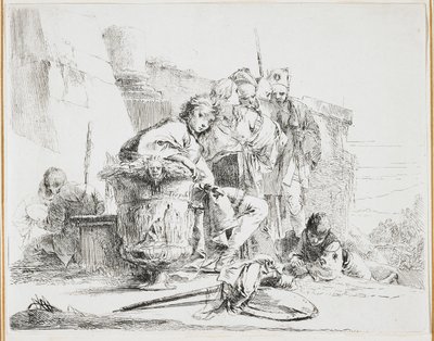Jonge man zittend, leunend tegen een urn, plaat uit Vari Capricci, 1740s door Giovanni Battista Tiepolo