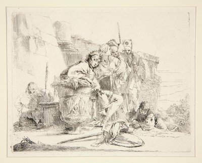 Jonge man zittend en leunend op een urn door Giovanni Battista Tiepolo