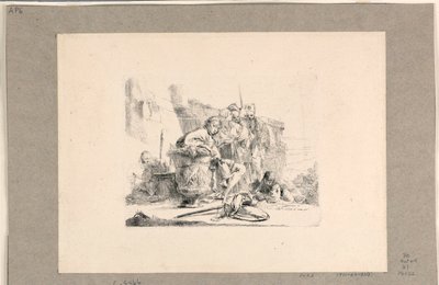 Jongeling zittend bij een urn en andere figuren, uit de Vari Capricci door Giovanni Battista Tiepolo