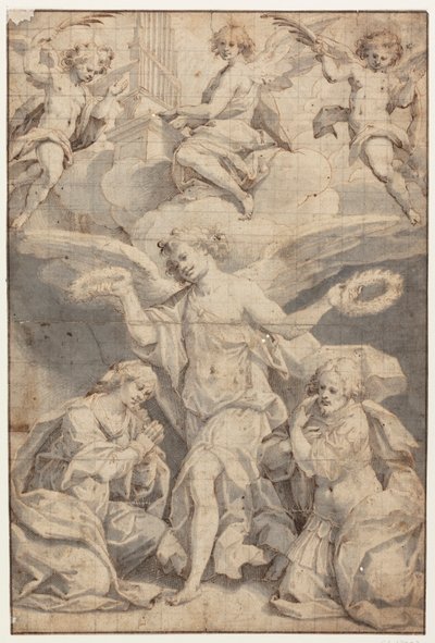 Een engel kroont een knielende vrouw en een knielende soldaat, terwijl twee engelen in de wolken met palmtakken komen vliegen en een derde op een orgel speelt door Giovanni Battista Trotti