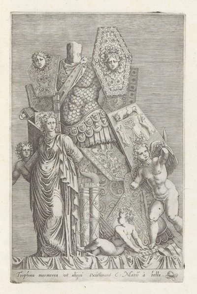 Trofee van wapens, een vrouwenfiguur en engelen door Giovanni Battista de