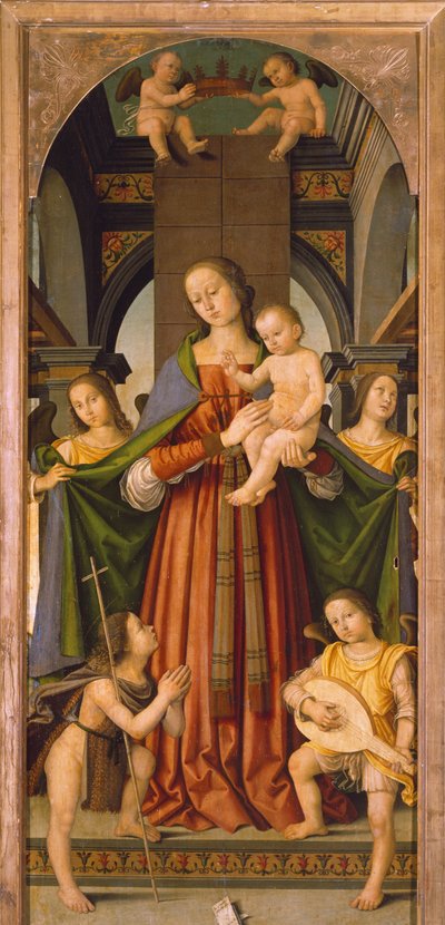 Madonna met Kind, centraal paneel van Madonna met Kind drieluik met Heiligen door Giovanni Battista the Elder Bertucci