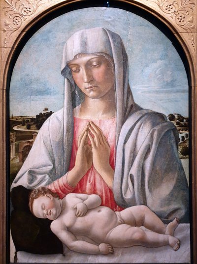 Madonna die het slapende kind aanbidt door Giovanni Bellini