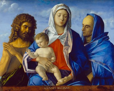 Madonna en Kind met heiligen Johannes de Doper en Elizabeth door Giovanni Bellini