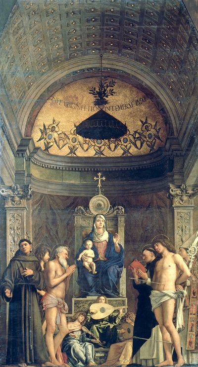 Madonna en Kind Enthroned tussen SS. Franciscus, Johannes de Doper, Job, Dominicus, Sebastiaan en Lodewijk (het San Giobbe Altaarstuk) ca. 1487 door Giovanni Bellini