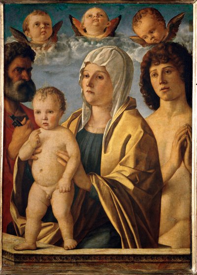 Madonna met kind tussen de heiligen Petrus en Sebastiaan ... door Giovanni Bellini