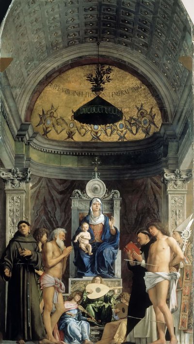 Madonna en Kind, muzikale engelen en de Heiligen Franciscus, Johannes de Doper, Job, Dominicus... door Giovanni Bellini