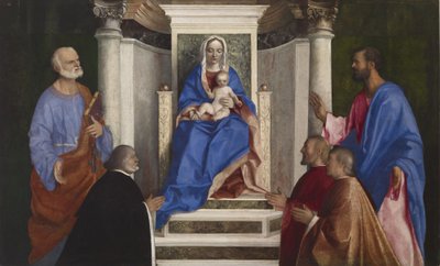 Madonna en Kind met Heiligen Petrus en Marcus en drie Venetiaanse procuratoren, 1510 door Giovanni Bellini