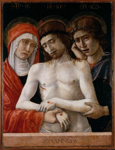 Pietà met Madonna en Johannes de Evangelist door Giovanni Bellini