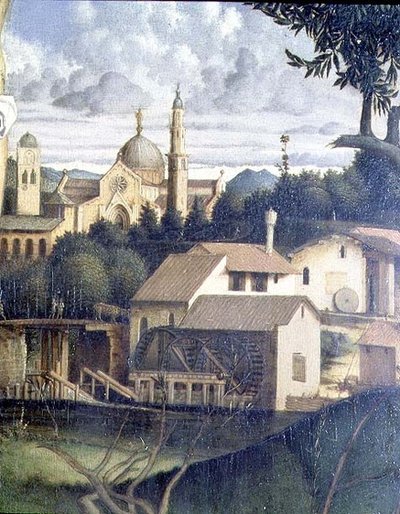 De Kruisiging, detail van de architectuur op de achtergrond c.1505 door Giovanni Bellini