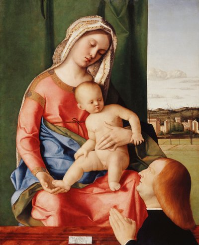 De Madonna en Kind met een Mannelijke Donor, een Landschap op de Achtergrond door Giovanni Bellini