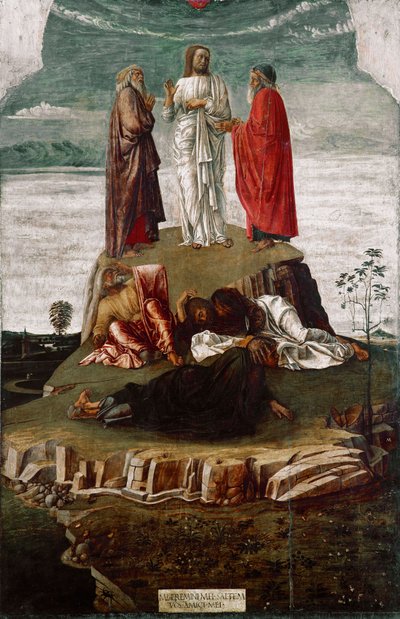 De Transfiguratie Schilderij door Giovanni Bellini (1432 ca.-1516) genaamd il Giambellino. 1455 Dim. 134x68 cm Venetië, Museo Correr, nr. 27 door Giovanni Bellini