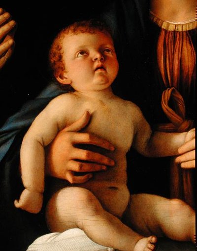 Maagd en Kind met St. Catharina en Maria Magdalena, ca. 1500 (detail) door Giovanni Bellini