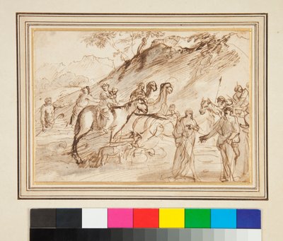 Een Ontmoeting tussen Twee Mannen, Paarden en Kamelen op de Achtergrond door Giovanni Benedetto Castiglione