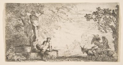 Een sater liggend aan de voet van een standbeeld van Priapus, geiten aan de rechterkant, ca. 1645-48 door Giovanni Benedetto Castiglione