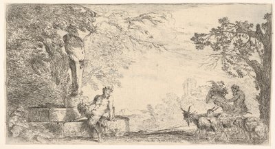 Een sater liggend aan de voet van een standbeeld van Priapus, geiten rechts door Giovanni Benedetto Castiglione