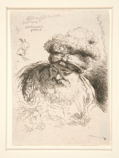 Een oude man met een grote baard, gezien van voren, zijn hoofd en ogen neergeslagen, uit de serie Les petites tetes d door Giovanni Benedetto Castiglione