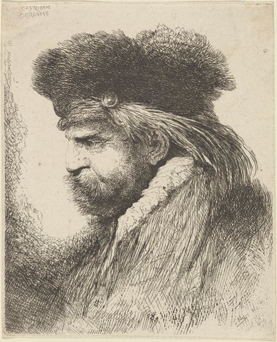Baardige Man in een Bontmuts, Naar Links door Giovanni Benedetto Castiglione