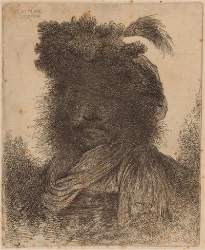 Bebaarde man met schaduwgezicht, met een sjaal en een gevederde hoed door Giovanni Benedetto Castiglione