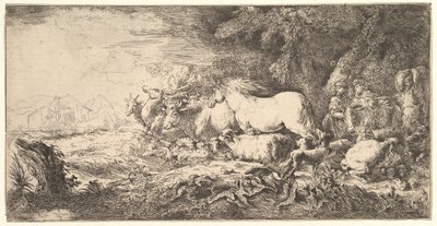 De intocht van de dieren in de ark van Noach, drie mannen volgen viervoeters en vogels die lopen..., ca. 1650-55 door Giovanni Benedetto Castiglione