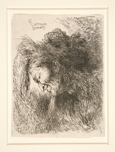 Figuur met bontmuts, naar links kijkend, uit de serie Kleine studies van hoofden door Giovanni Benedetto Castiglione