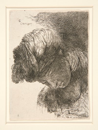 Figuur met gebogen hoofd, uit de serie Kleine studies van hoofden door Giovanni Benedetto Castiglione